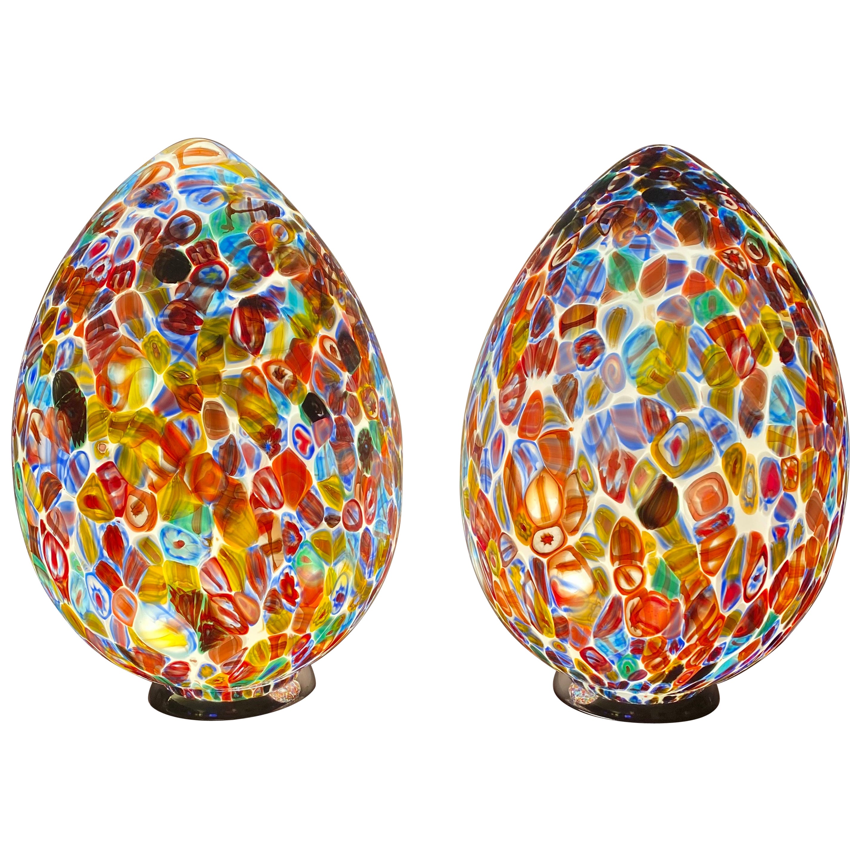 Italian Murano Millefiori Murrine Pair of Eggs Shape Lamps, Circa 1985 For Sale