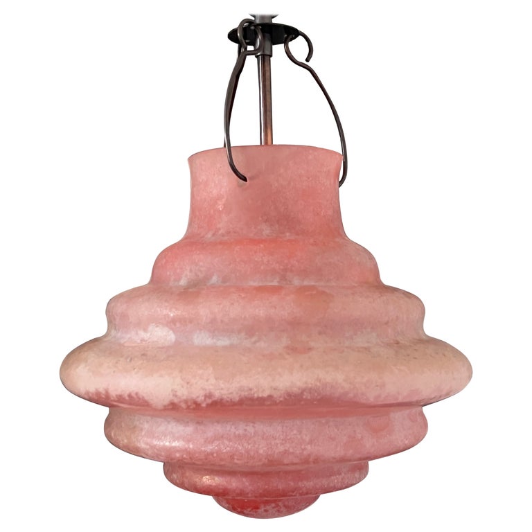 Venetian Scavo Glass Pendant Chandelier in Etched Salmon Pink, Late 20th C. For Sale
