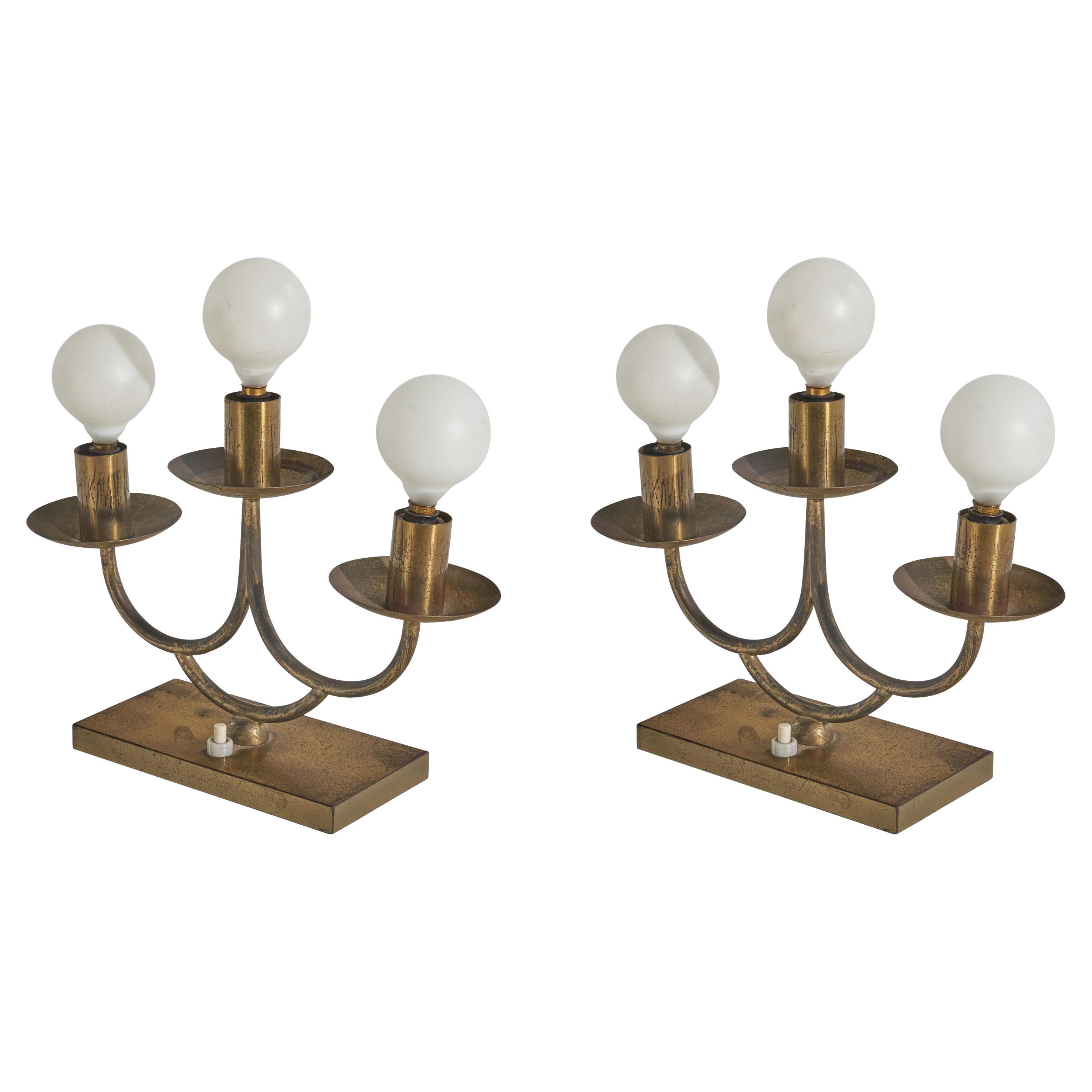 Italian Three Lights Table Lamp in Brass and Glass, Italy, 1940s For ...