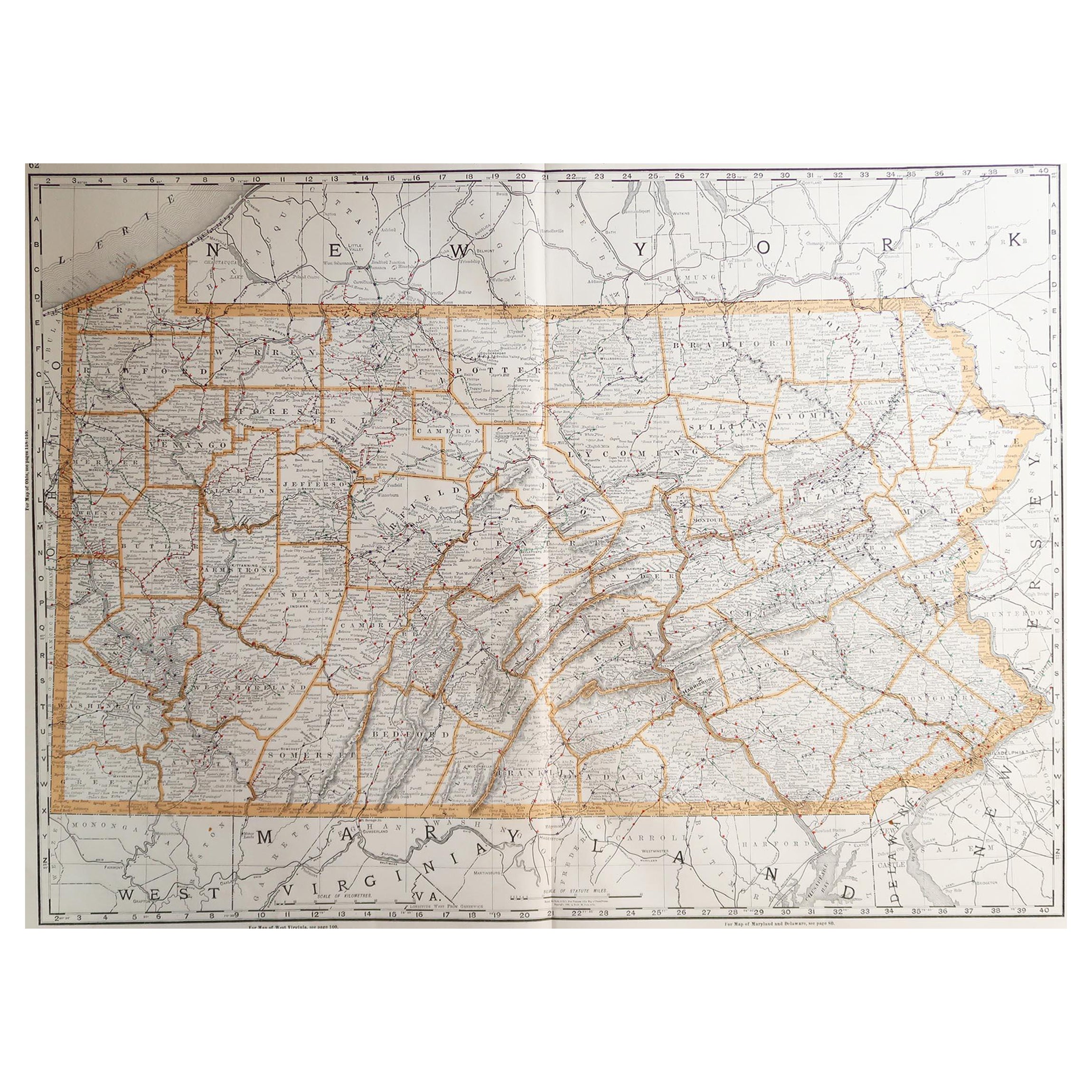 Large Original Antique Map of Pennsylvania, USA, 1894 For Sale