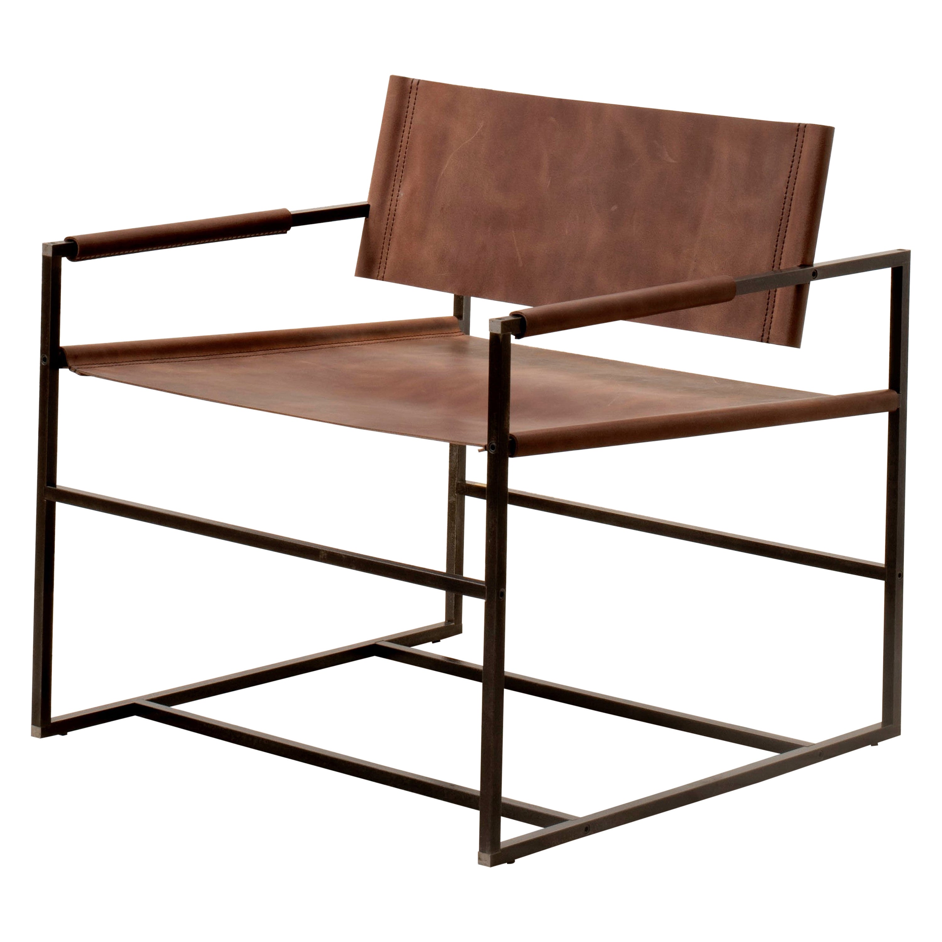  Sessel_01 ֻ minimalistischer Sessel, handgefertigt aus Leder und Stahl.  im Angebot