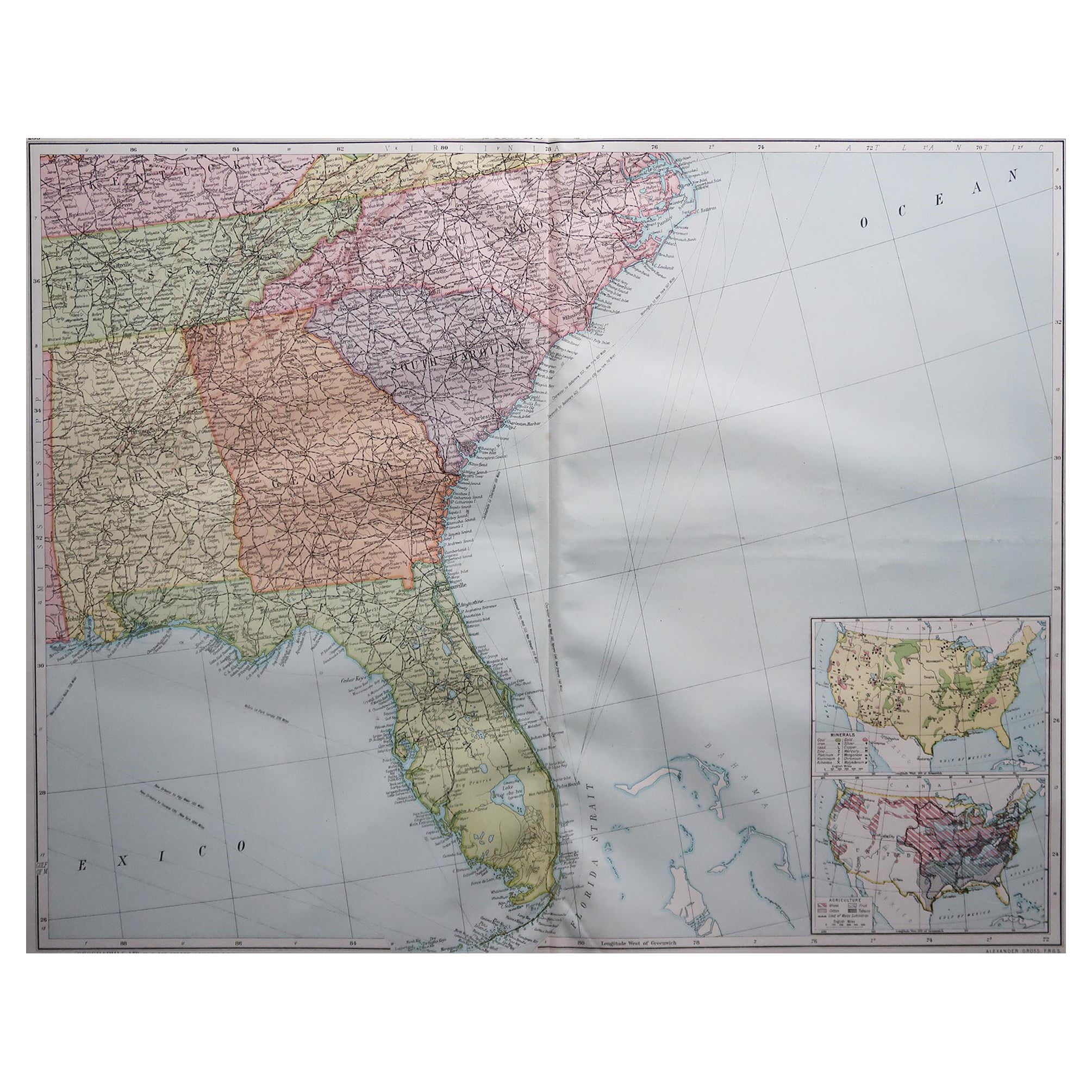 Large Original Vintage Map of the South Eastern States Inc. Florida, circa 1920 For Sale