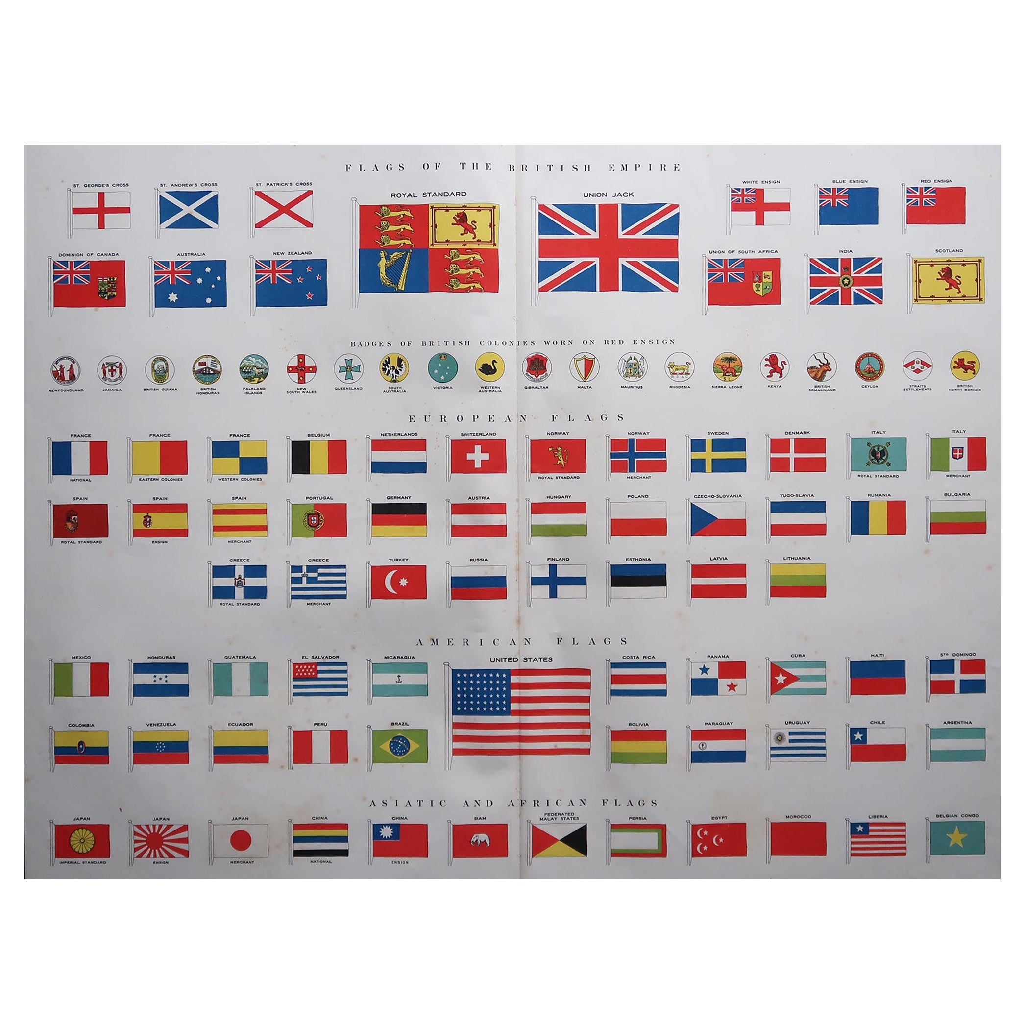 Large Original Vintage Poster of World Flags, circa 1920