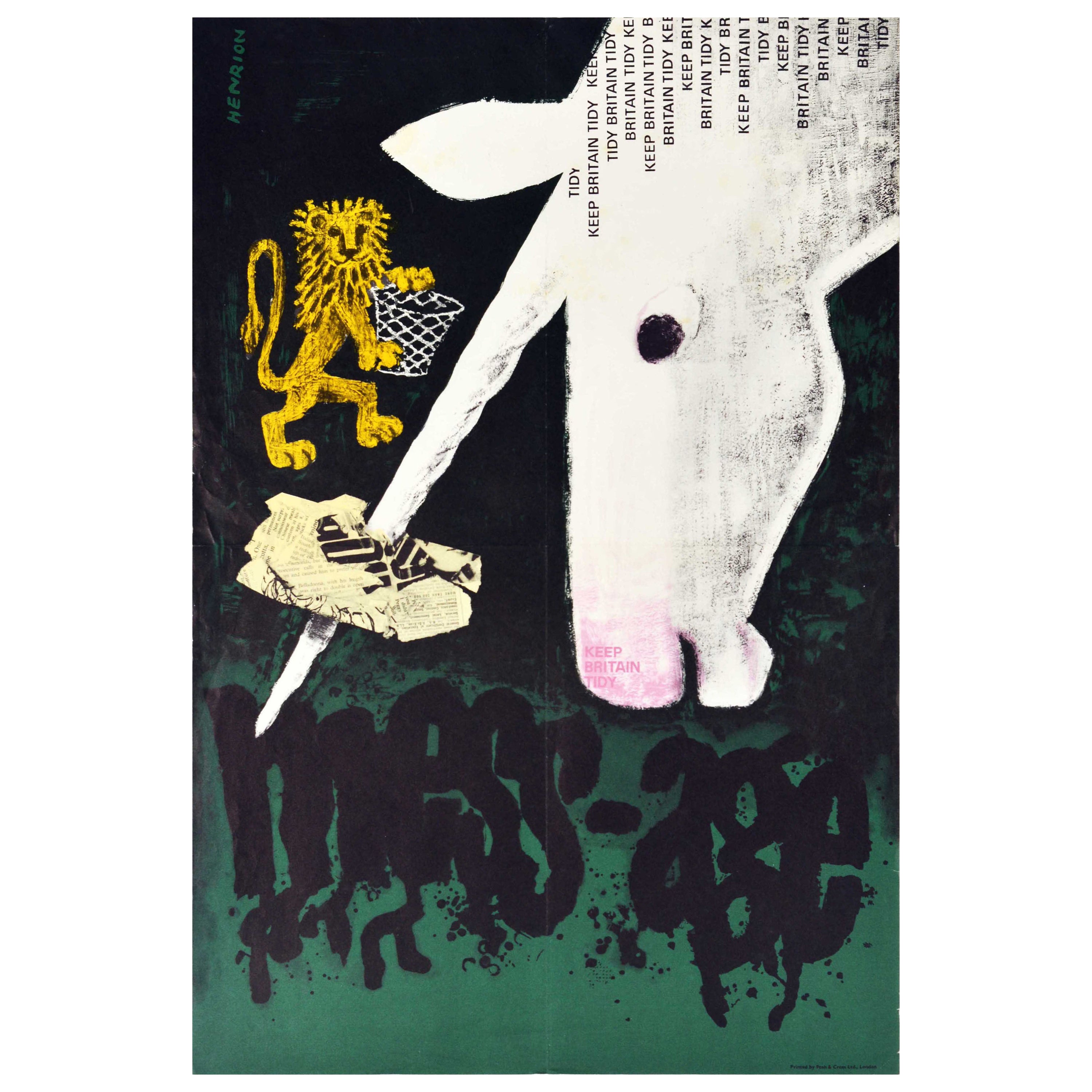 Affiche vintage d'origine Keep Britain Tidy Mess Age, Bote  dchets, Motif de licorne d'un lion en vente