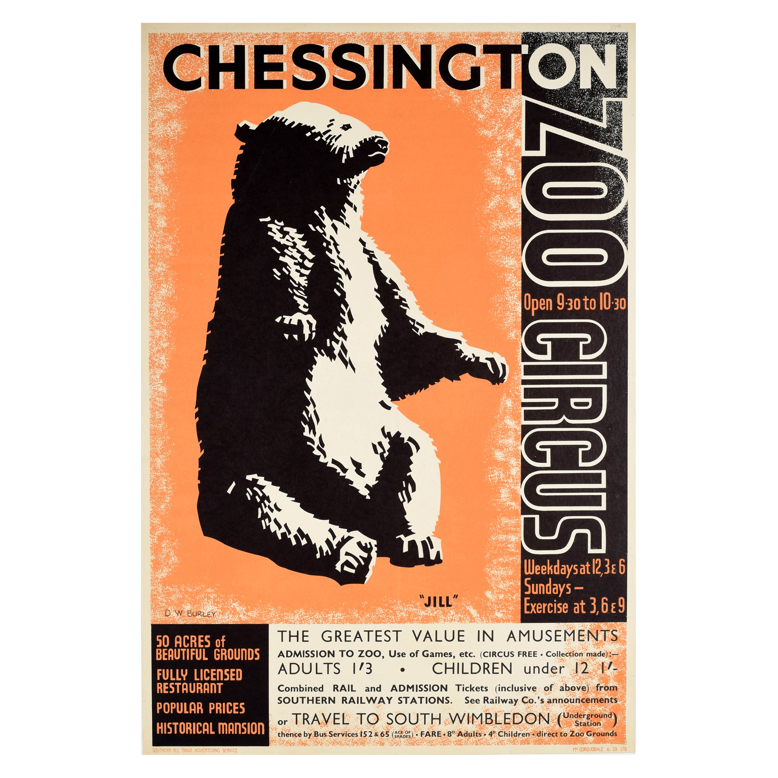 Original Vintage Poster Chessington Zoo Circus Bear Jill Surrey London Art Deco For Sale