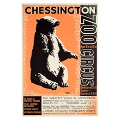 Affiche vintage d'origine Chessington Zoo Circus Bear Jill, Surrey, Londres, Art Dco