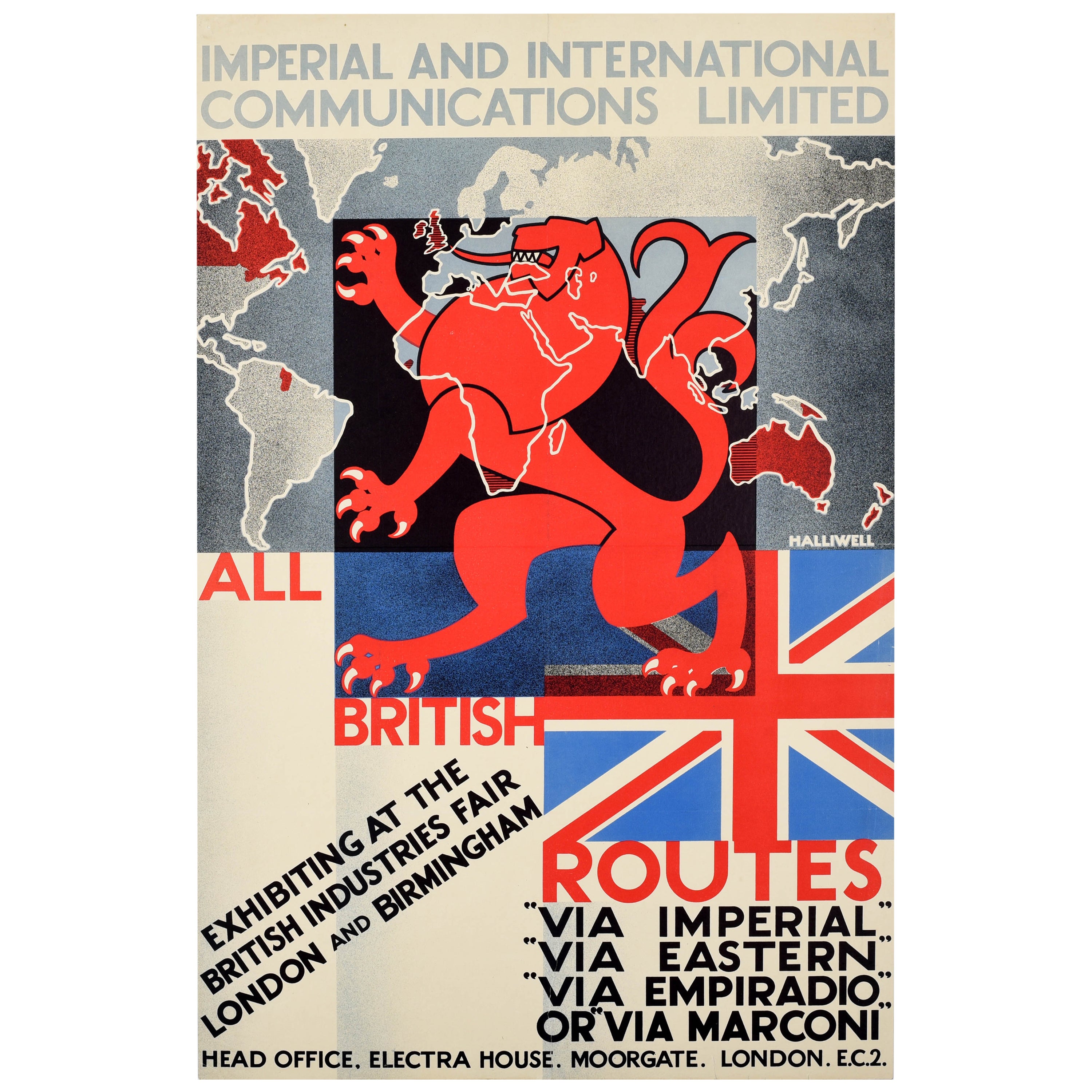 Affiche rtro originale de l'industrie britannique des communications impriales de Marconi