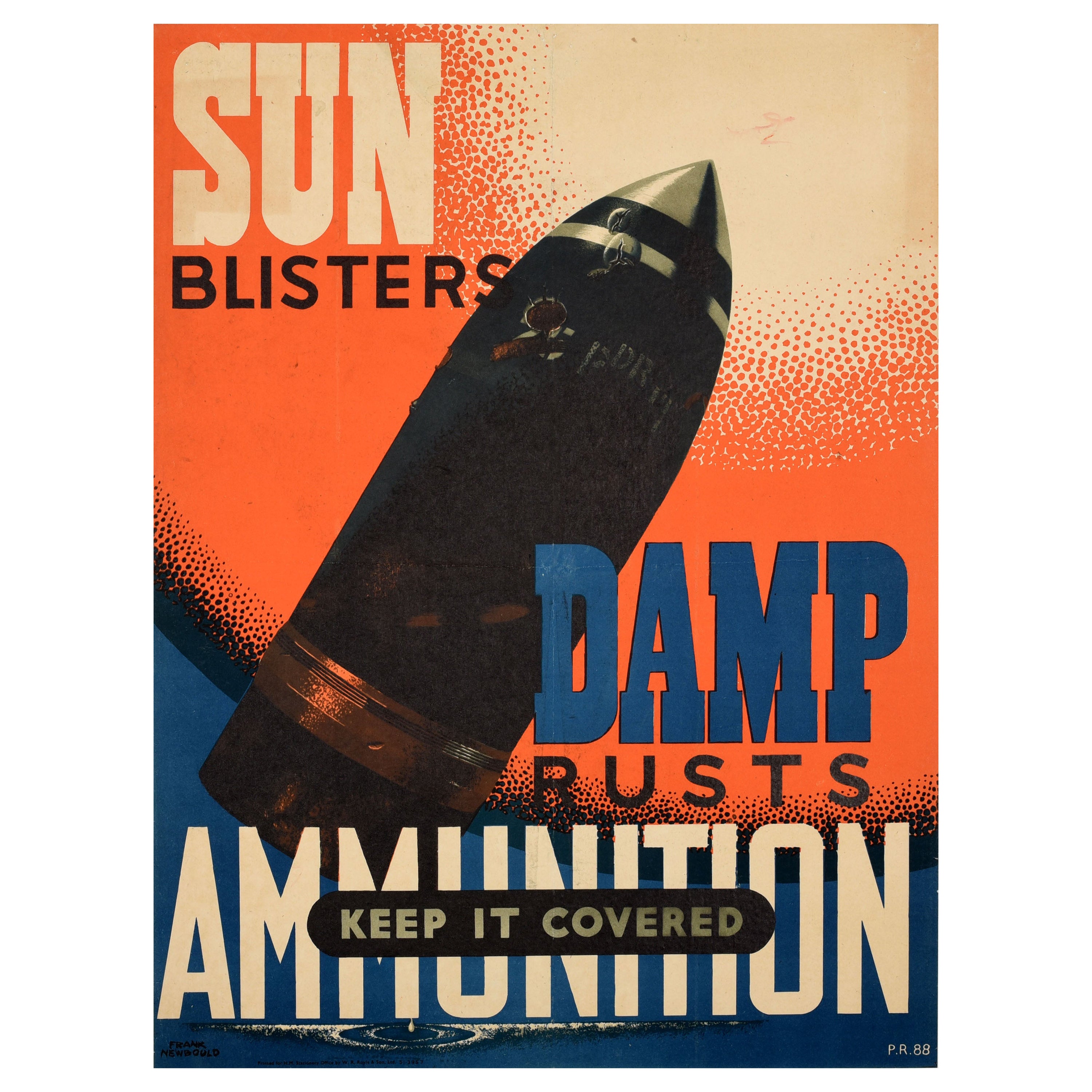 Original Vintage War Poster Sun Blisters Damp Rusts Ammunition Cover WWII Safety en vente