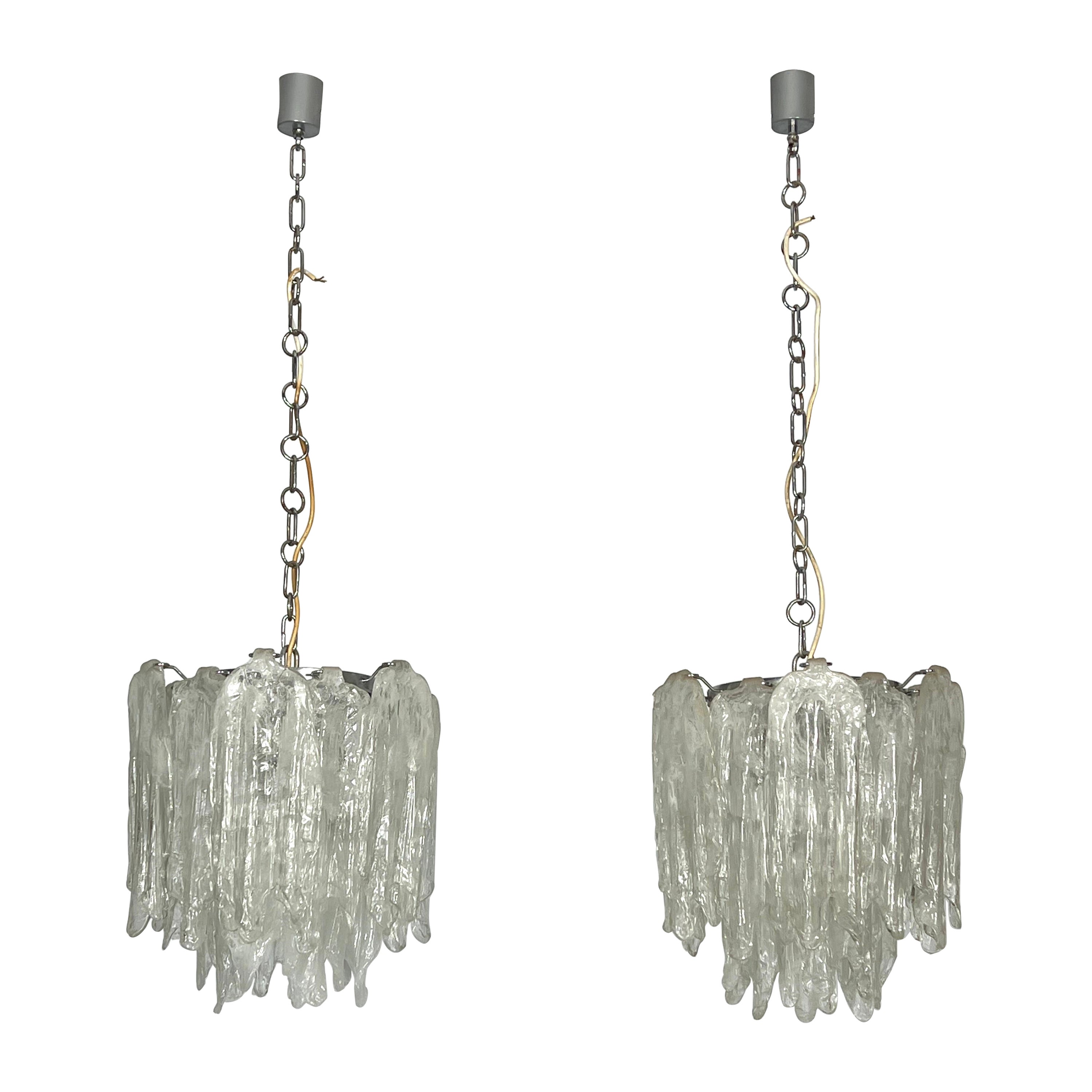 Mazzega Ice glass, pair of vintage murano chandeliers from 70s