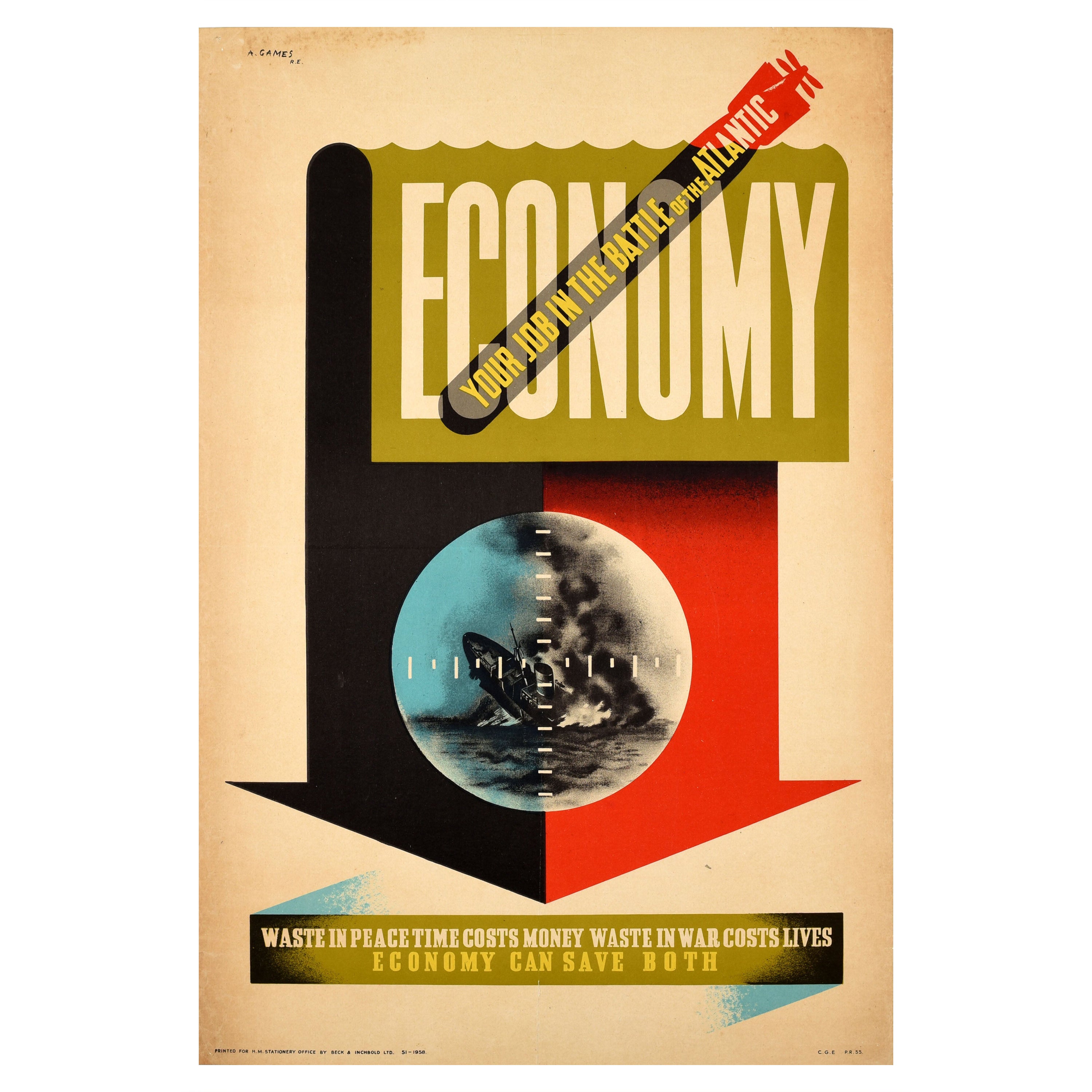 Original-Vintage-Poster, economy Save Waste, Friedenskriegsschlacht im Atlantik, WWII