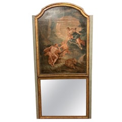 Antique Lacquered Mirror with Painting, 19th Century, France
