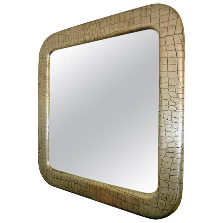 Milo Baughman / Thayer Coggin Large Silver Leafed Leather Mirror For Sale