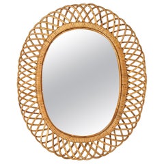 Mid-Century Rattan and Bamboo Oval Wall Mirror, Italy 1960s
