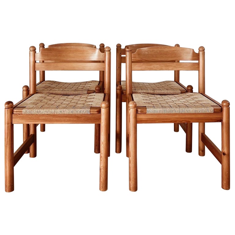 Solid pine dining chairs with beautiful paper cord seats. For Sale at