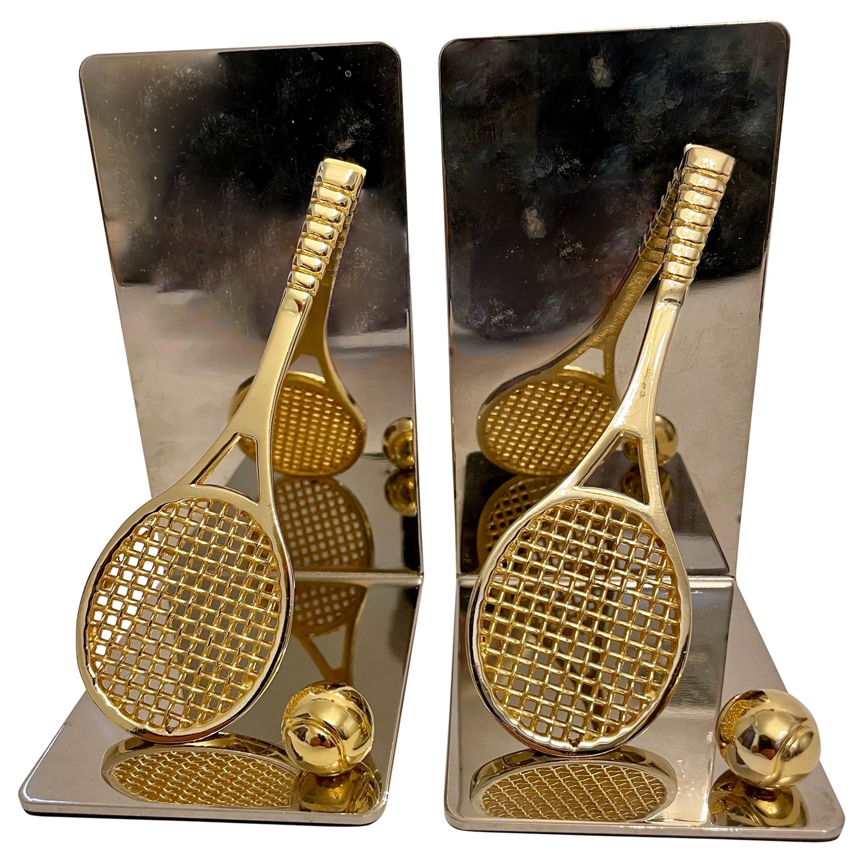 Pair of Polished Brass and Chrome Tennis Racket Bookends 2