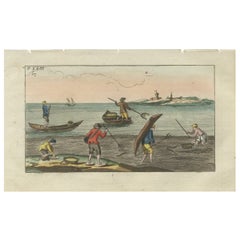 Antique Print of Fishermen Catching Eels in a Net