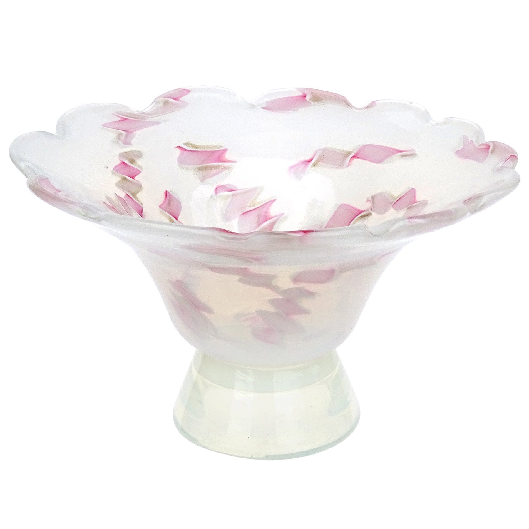 Fratelli Toso Murano Opalescent Pink Aventurine Ribbons Italian Art Glass Bowl For Sale