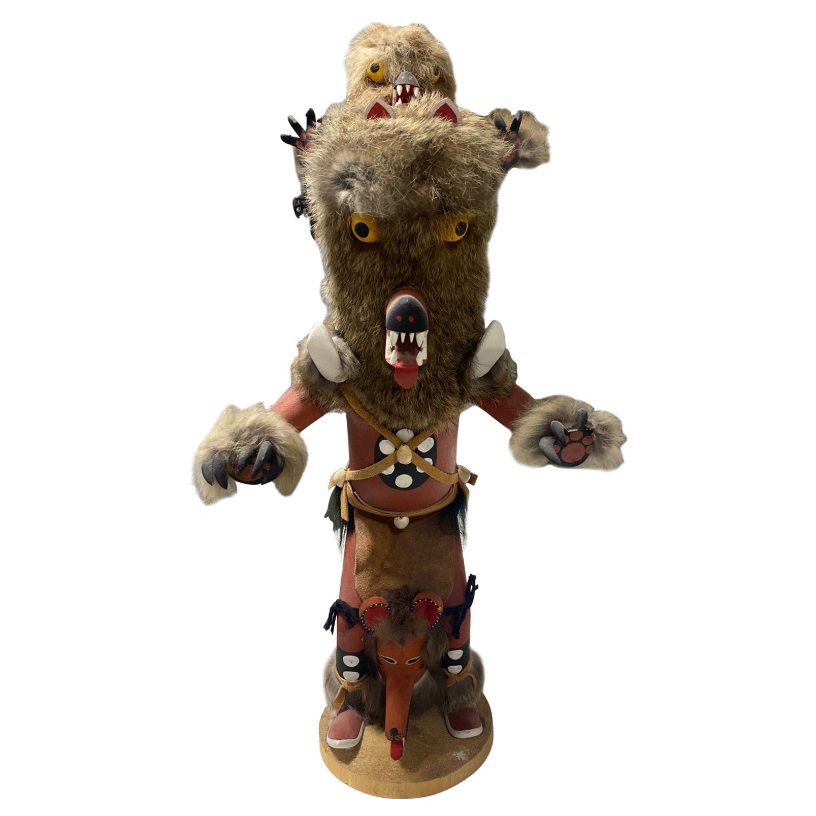 Large Signed Native American Hopi Original Wolf Kachina Doll on Stand