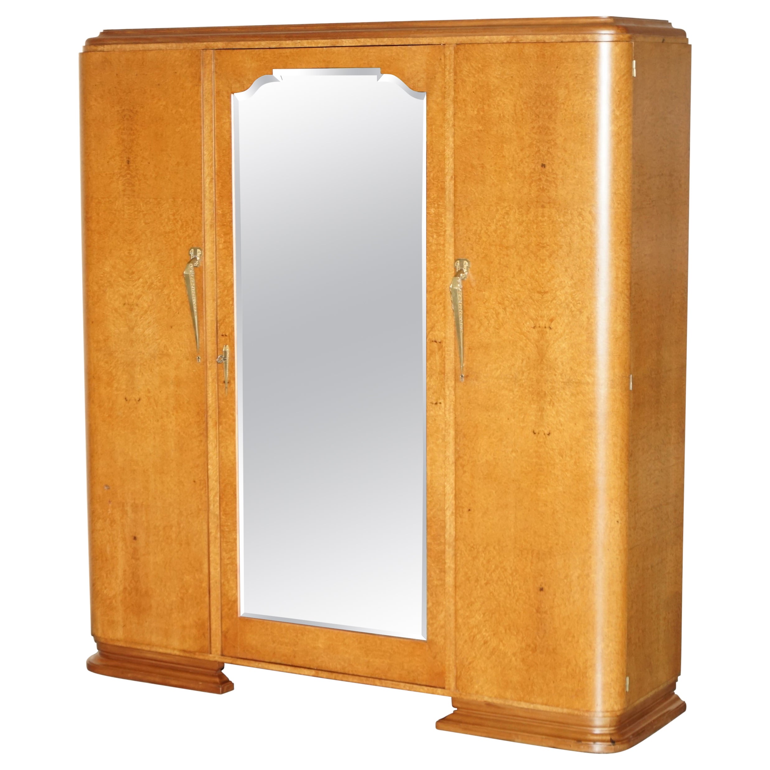 Antike Art Deco Burr Maple Triple Bank circa 1920's Garderobe gespiegelt Tür