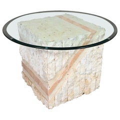Modern Tessellated Mactan Stone Sqr End Table Peach Stripe Style Maitland Smith