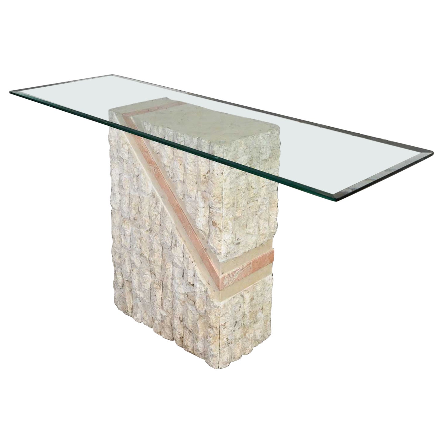 Table de canapé moderne en pierre de Mactan tessellée à rayures pêches style Maitland Smith en vente