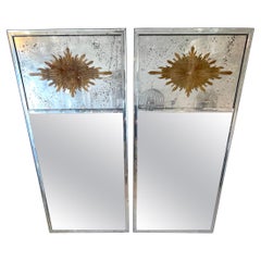 Pair of Maison Jansen Style Eglomise Sunburst Medallion Trumeau Mirrors