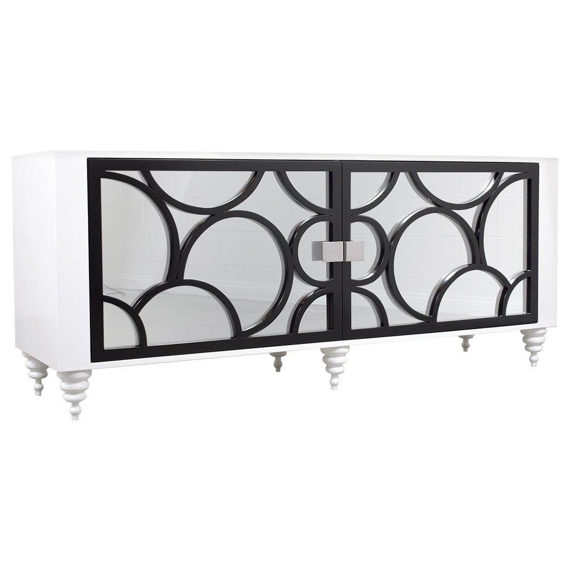 Mid-Century Modern Credenza: Black & White Lacquered Finish with Carved Details For Sale
