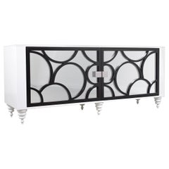 Mid-Century Modern Credenza: Black & White Lacquered Finish with Carved Details