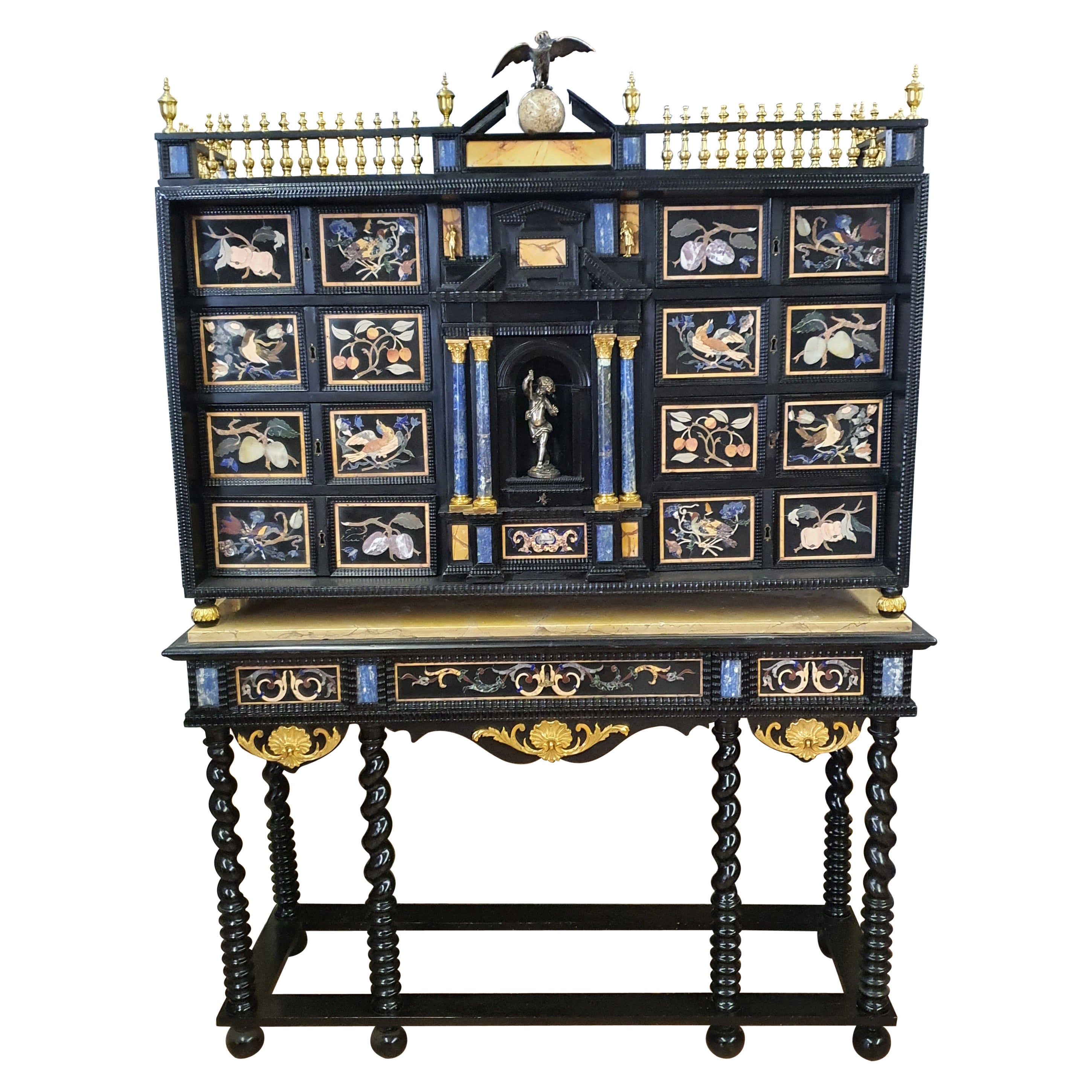 18th Century Italian Cabinet on Stand, Silver, Gilded Bronze, Precious Marbles