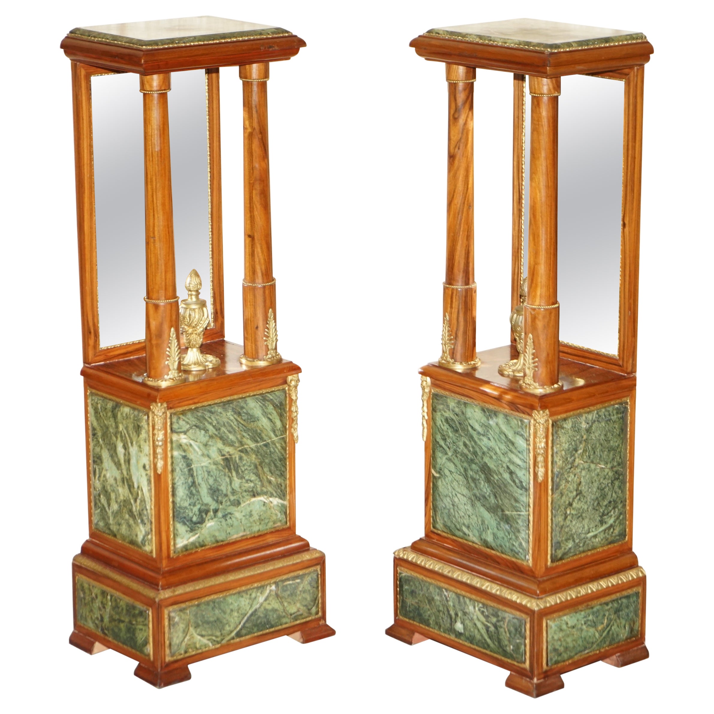 Pair of Antique Gilt Bronze Mounted Walnut Green Marble Topped Pedestal Stands For Sale