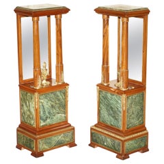 Pair of Antique Gilt Bronze Mounted Walnut Green Marble Topped Pedestal Stands