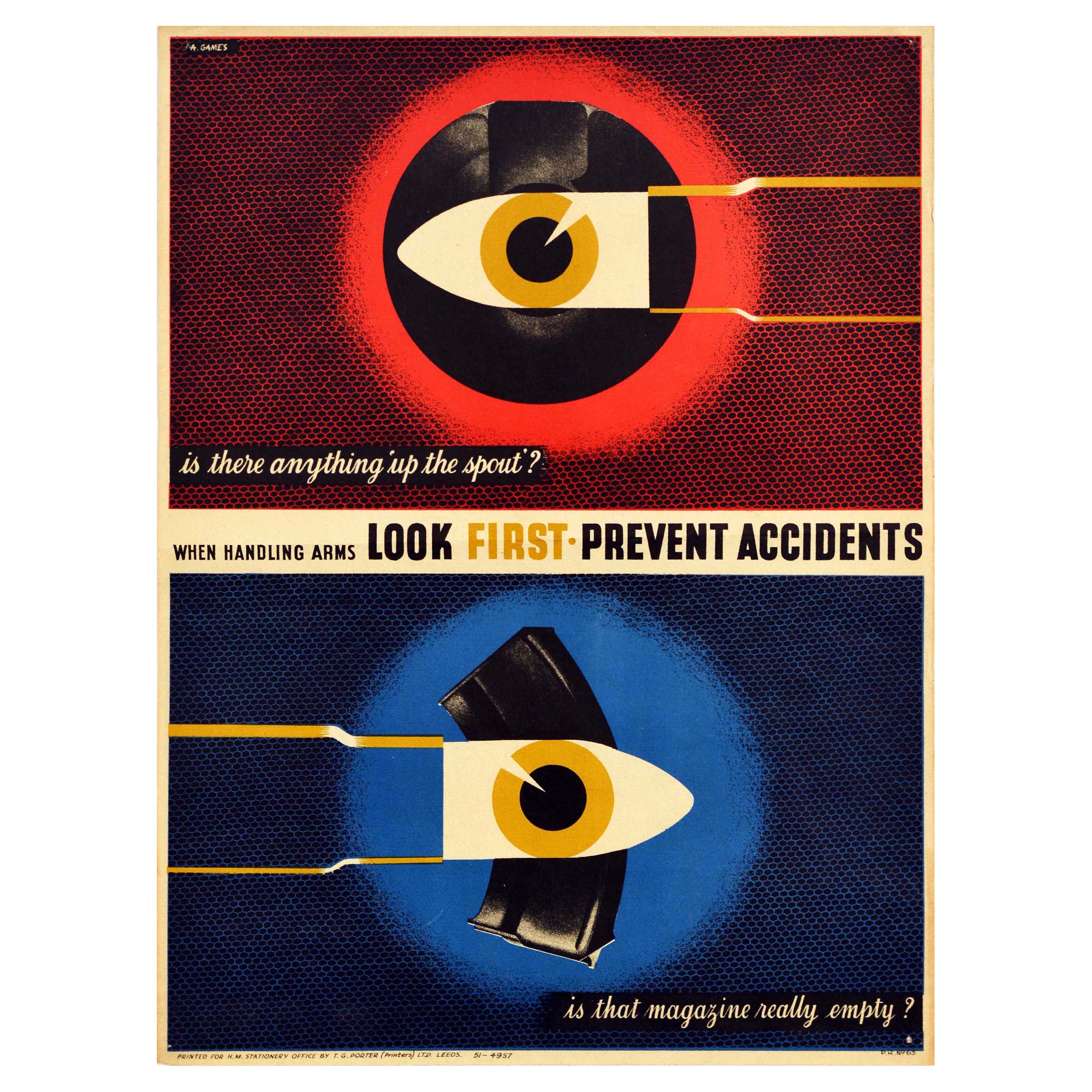 Affiche rétro originale de la Seconde Guerre mondiale, Look First Prevent Accidents, Dessin graphique de balles en vente