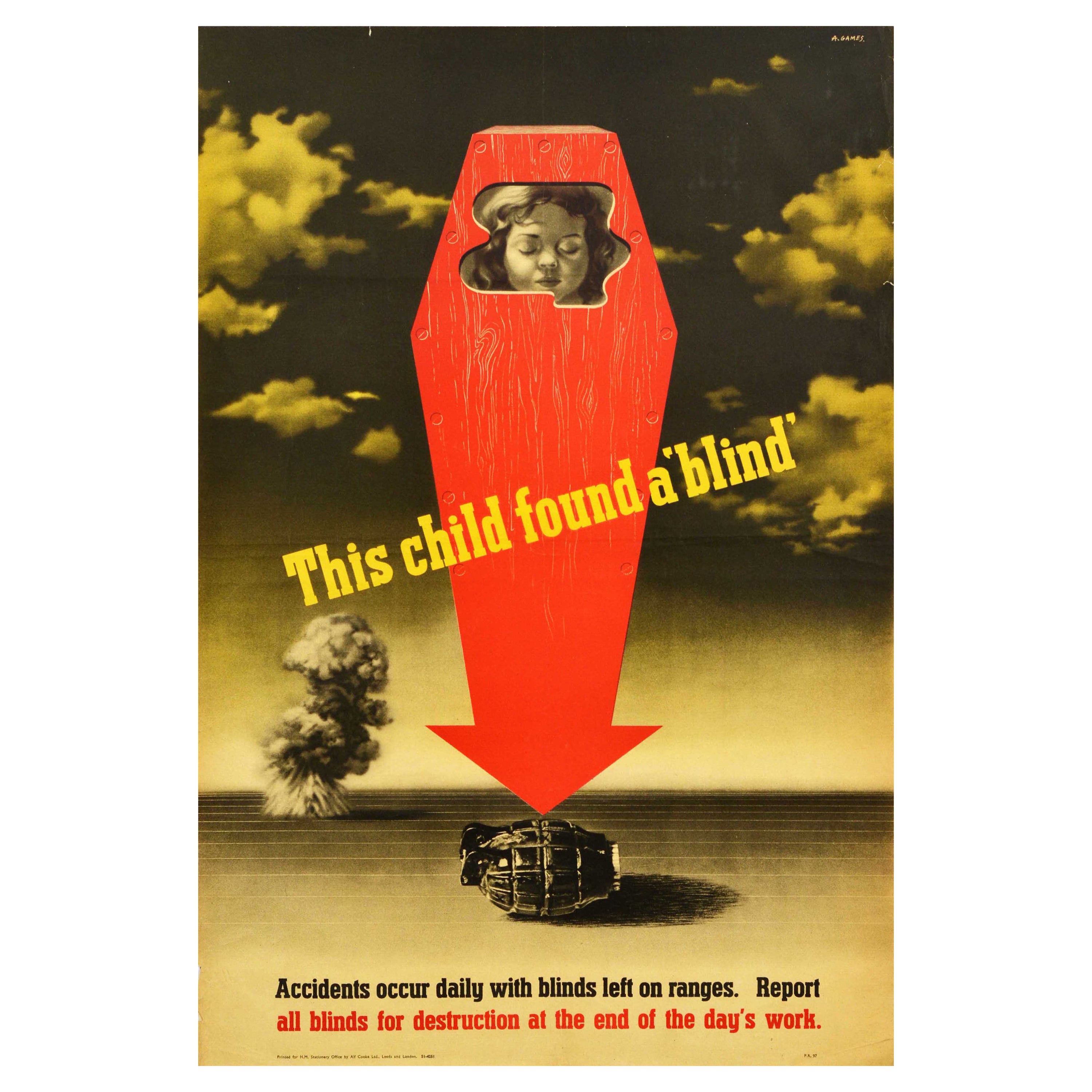 Affiche rétro originale de la guerre, Child Found A Blind, Seconde Guerre mondiale, Ammunition, Coquillages, Modernisme en vente