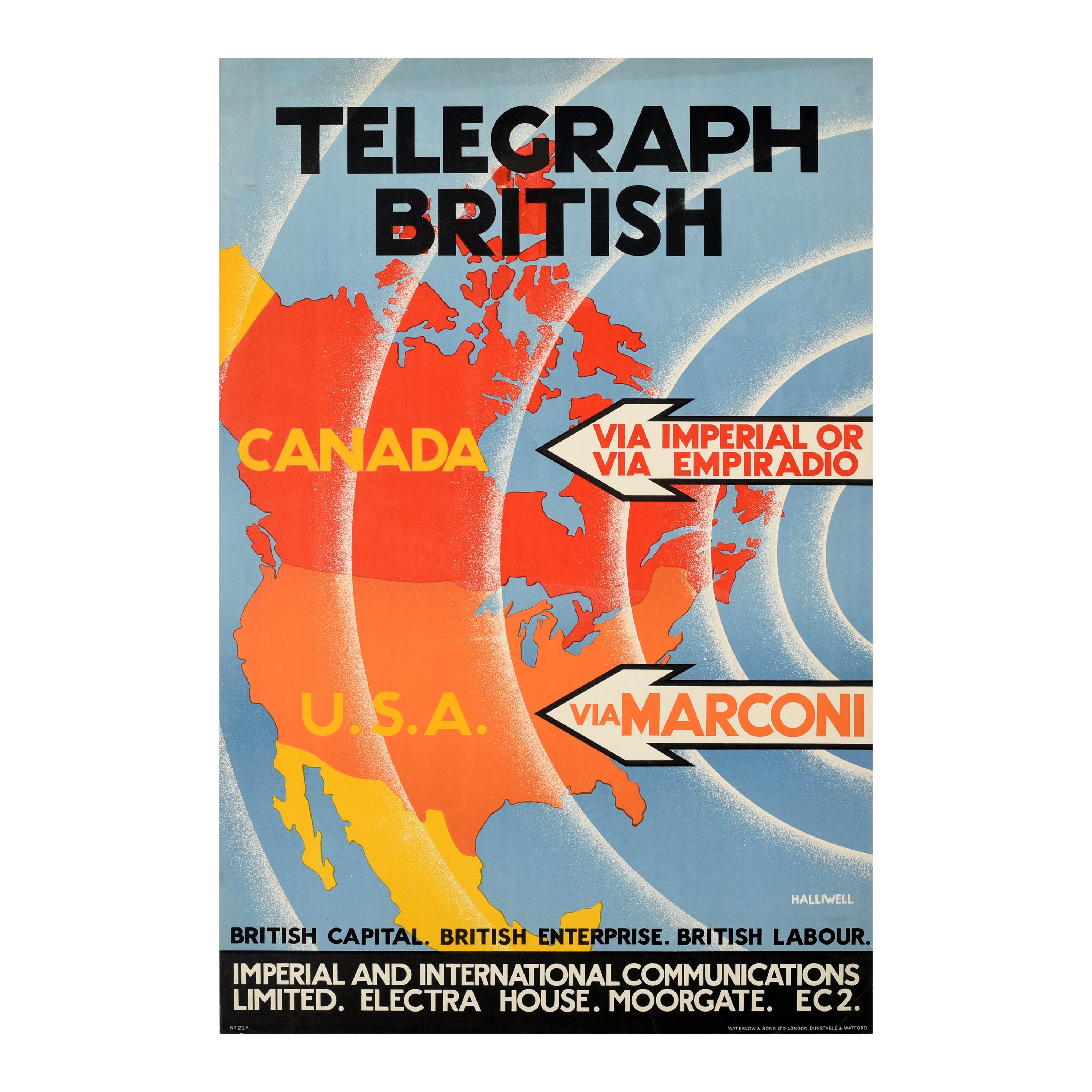 Affiche vintage d'origine Telegraph British Marconi Radio Modernism avec dessin d'une carte
