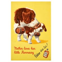 Original Vintage Drink Poster Hennessy Brandy Cognac St Bernard Dog Puppy Art