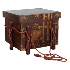 Japanese Vintage Wedding Chest with Brown Lacquer and Hand-Painted Décor