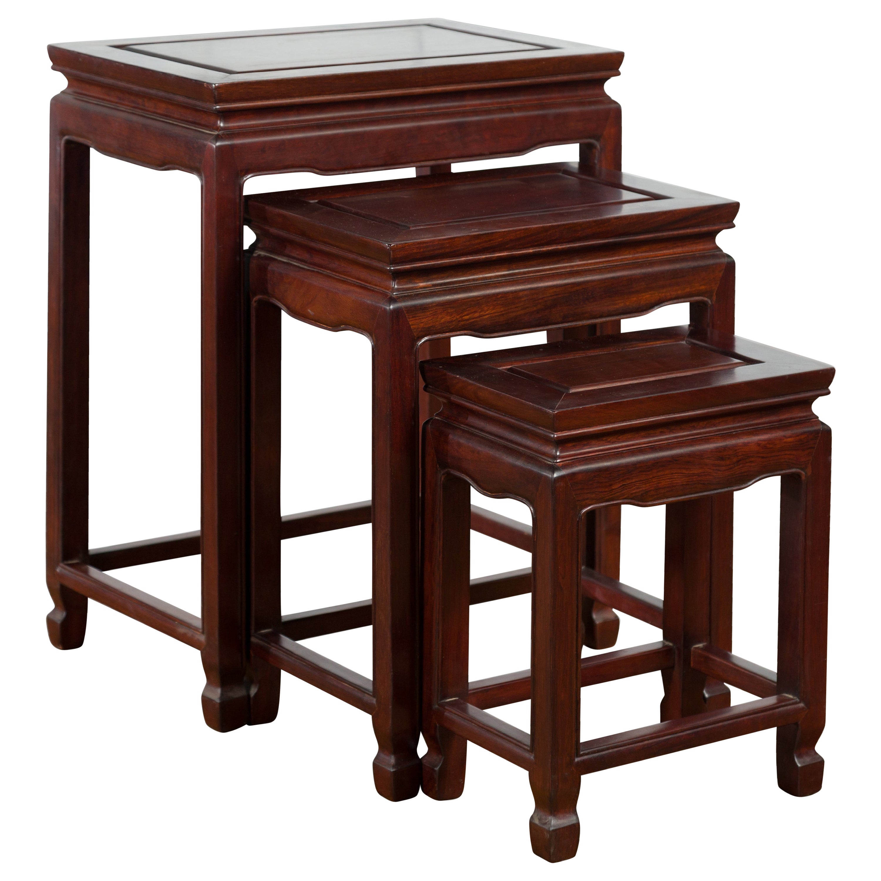 Set of Three Vintage Chinese Rosewood Nesting Tables with Dark Patina For Sale