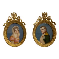 Antique Pair of 19th Century Miniature Portraits of Napoleon and Josephine