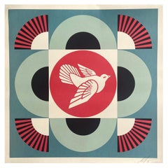 Farblithografie „Geometrische rote Taube“, signiert von Shepard Fairey