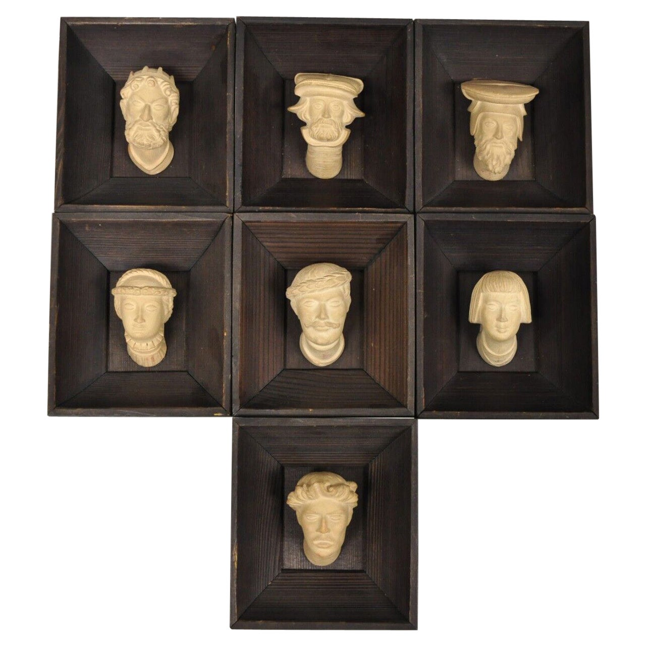 Vintage Polish Cast Plaster Head Framed Souvenir Wall Art, Set of 7