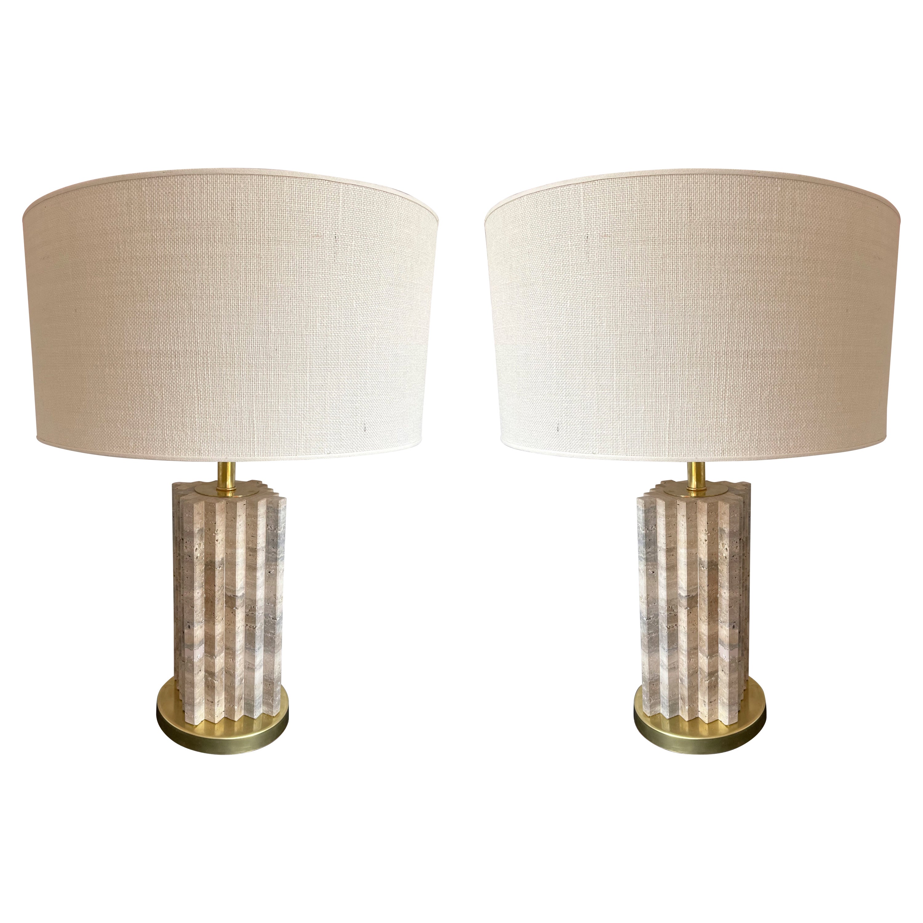 Pair of Travertine and Brass Lamps For Sale