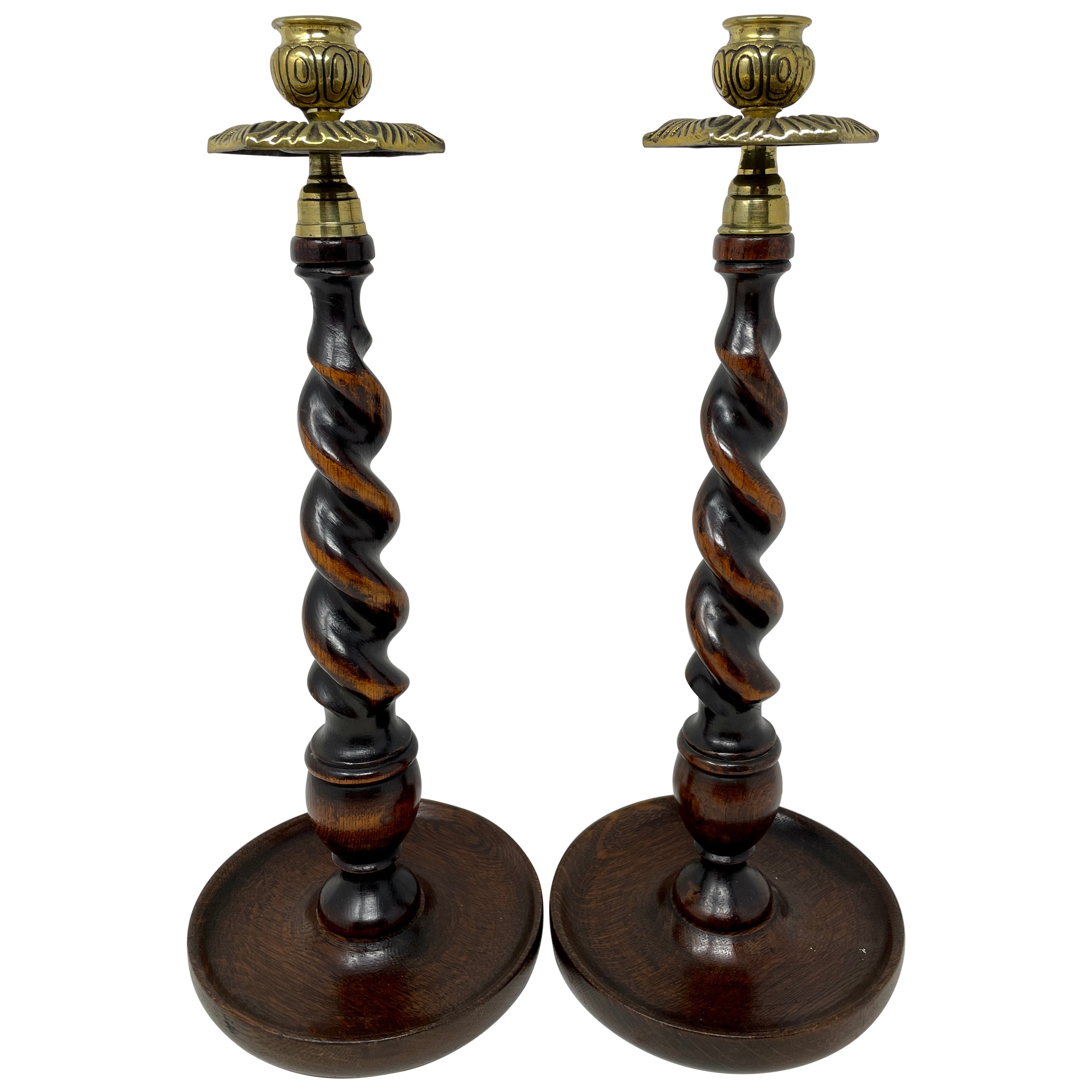 Pair Antique English Oak Barley Twist and Brass Candlesticks, Circa 1890