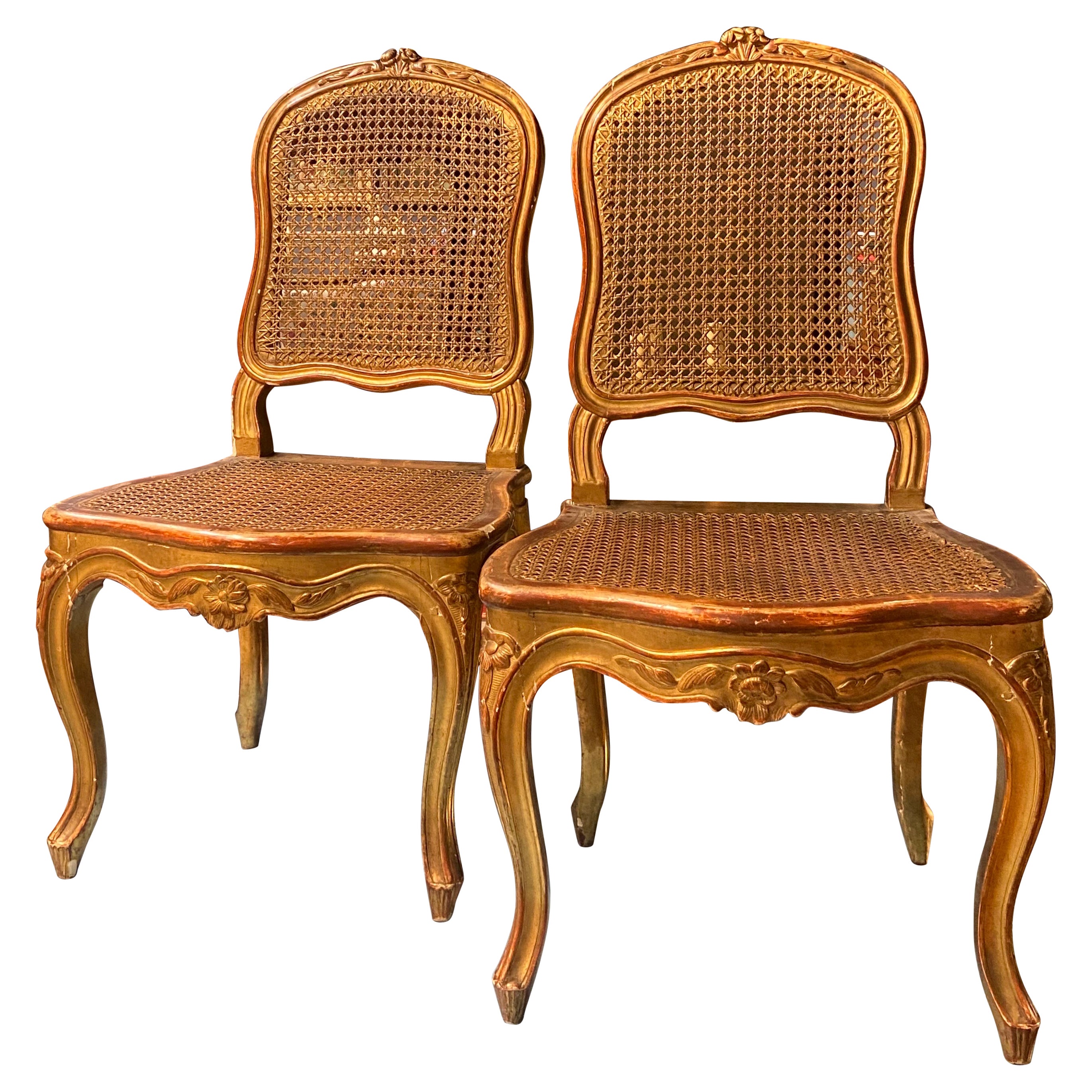 19th Century French Gilt Wood Hand Carved Cane Chairs in Louis XV Style For Sale