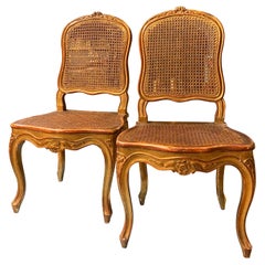 19th Century French Gilt Wood Hand Carved Cane Chairs in Louis XV Style