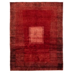Tapis persan moderne Gabbeh rouge en laine géométrique fait à la main