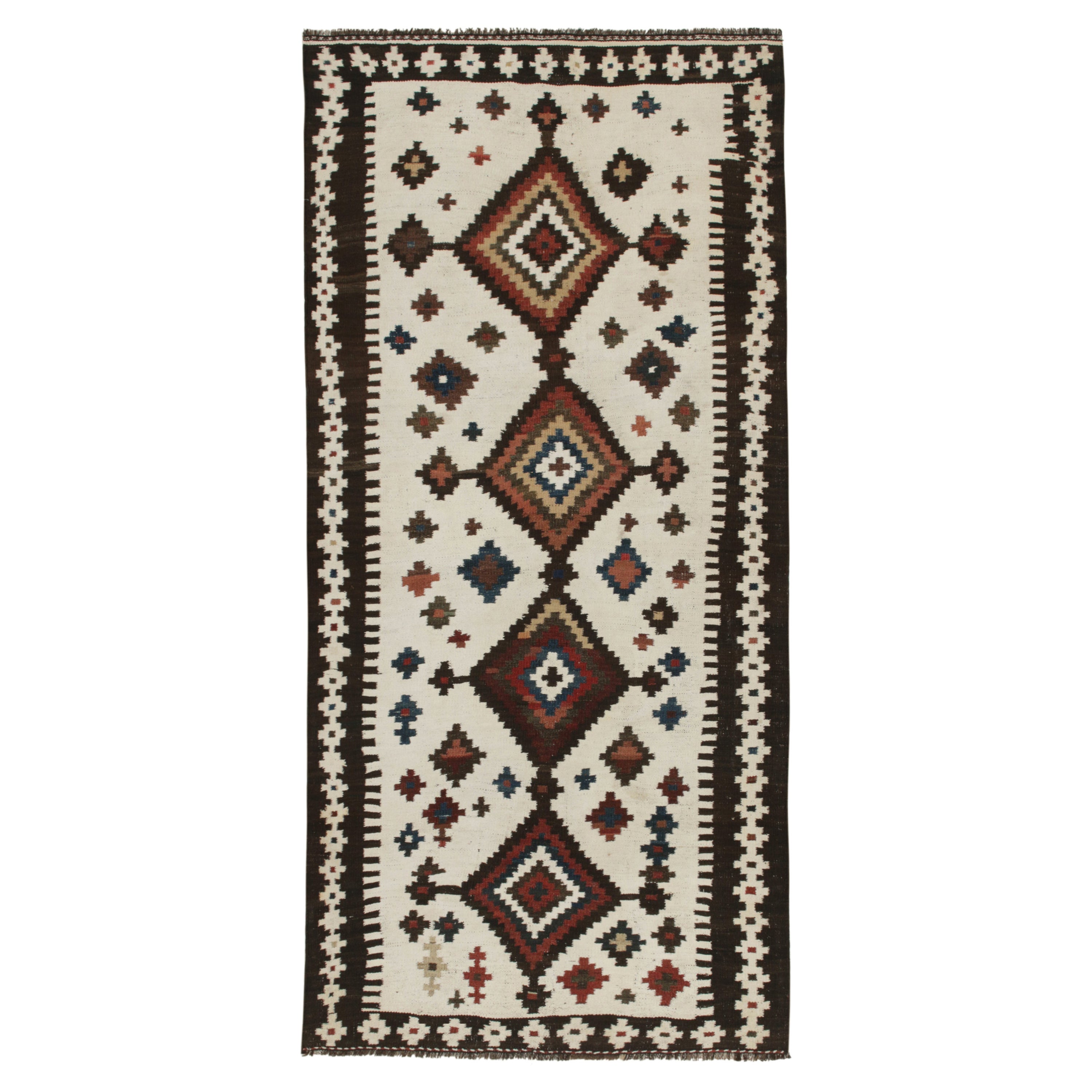 Vintage Persian Kilim in White with Brown Medallion Patterns by Rug & Kilim For Sale