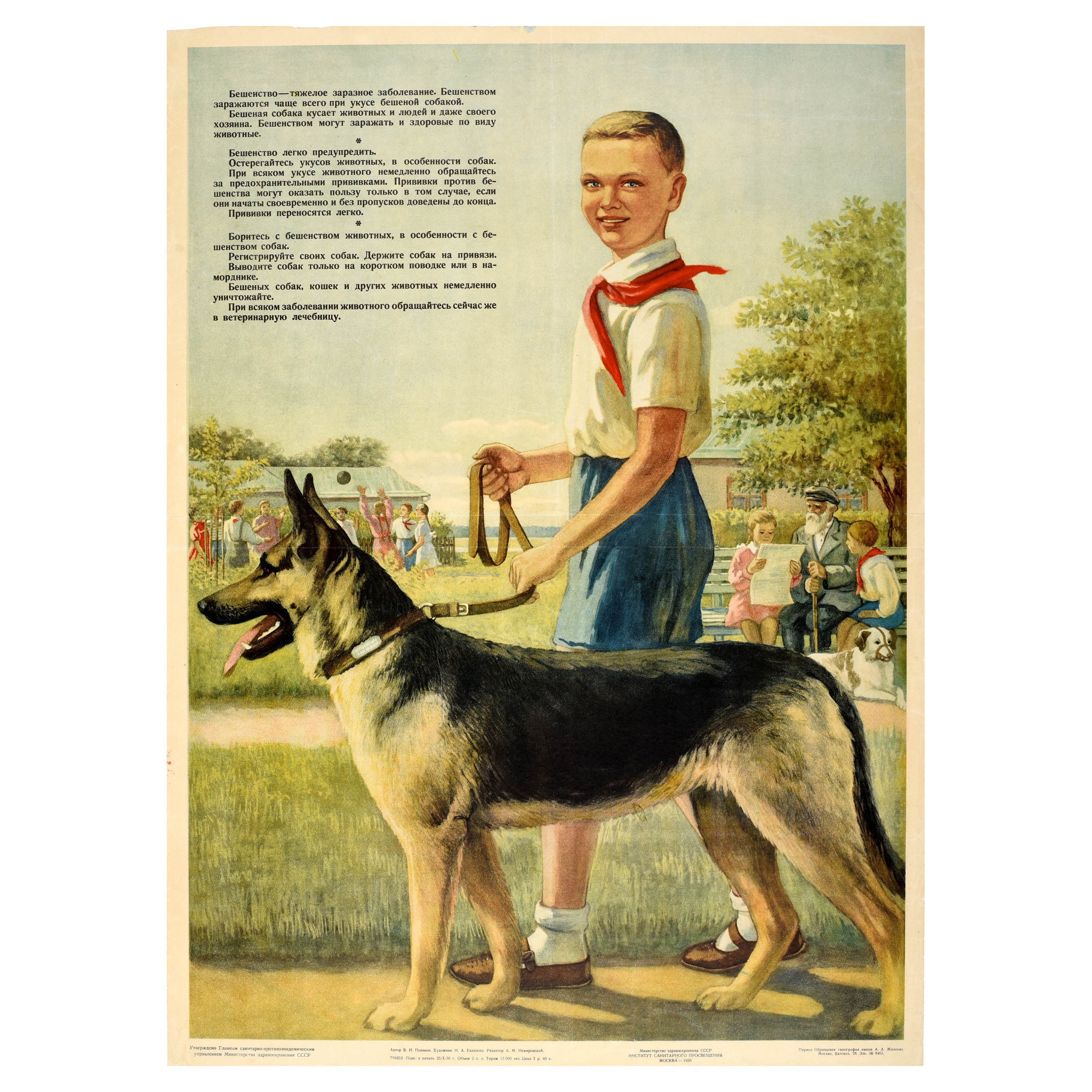 Original Vintage Public Health Poster Rabies Prevention In Dogs USSR Pioneer Boy For Sale