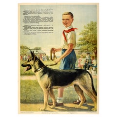 Affiche rétro originale de santé publique, Rabies Prevention In Dogs, Pionnier de l'URSS