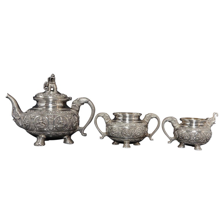 3piece Indian silver tea set For Sale at 1stDibs