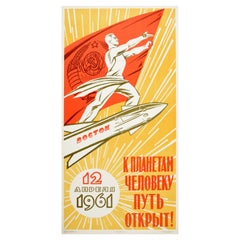 Original Retro Poster Space Travel Planets Open To Mankind USSR Gagarin Vostok